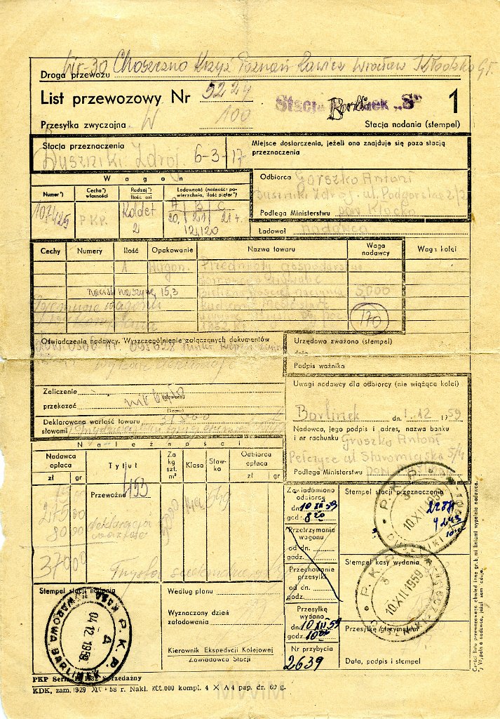 KKE 5724.jpg - Dok. Lista Repatryjacyjna. Lista rodziny Barbary Graszko-Kondratow, na której widniał adres odbiorcy Antoniego Graszko, Barlinek - Duszniki Zdrój, 1-10 XII 1959 r.